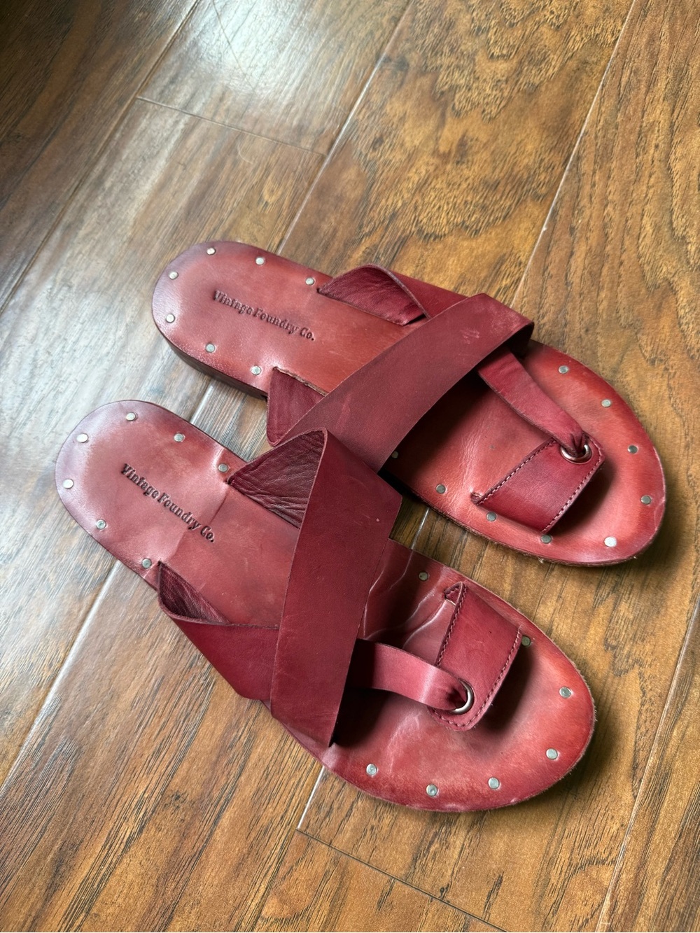 Vintage Foundry Co. Red Leather Cross-Strap Slide Sandals